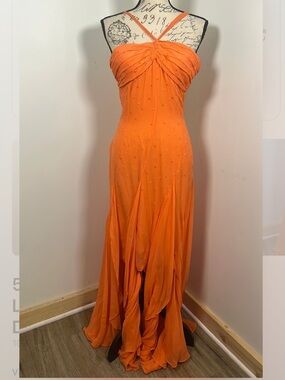 Bcbgmaxazria 100% silk NWT size 10 Orange Beaded Spaghetti-Strap Evening Dress